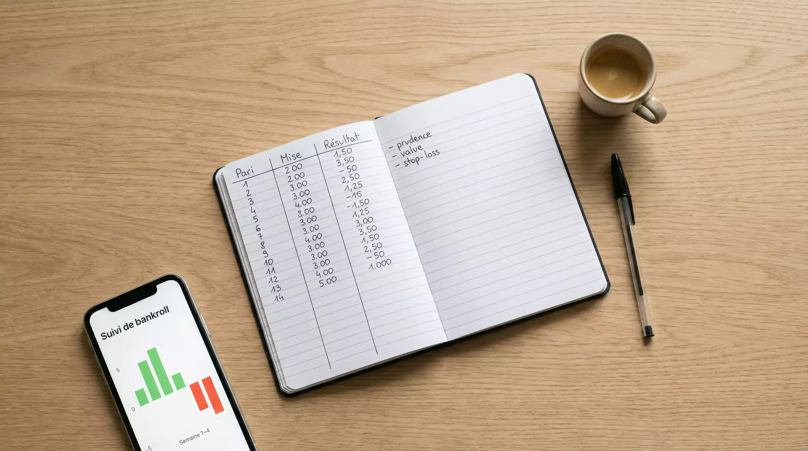 Parieur analysant sa gestion de bankroll et ses statistiques de paris sportifs